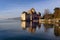 Evening view of famous Chateau de Chillon at Lake Geneva one of Switzerland