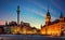 Evening view of the historic center of Warsaw. Panoramic view on Royal Castle, ancient townhouses and Sigismund`s Column in Old