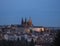 Evening view of illuminated St. Vitus Cathedral gothic churche and Prague Castle panorama, hradcany and Mala Strana