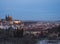 Evening view of illuminated St. Vitus Cathedral gothic churche and Prague Castle panorama, hradcany and Mala Strana