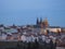 Evening view of illuminated St. Vitus Cathedral gothic churche and Prague Castle panorama, hradcany and Mala Strana