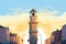 evening view of italianate tower silhouetted by setting sun, magazine style illustration