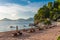 Evening view of a luxury beach Sveti Stefan St. Stefan