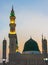 An evening view from the Masjid Nabawi in Medina. Dome of Prophet Muhammad's Mosque