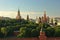 Evening view on Moscow Red Square Kremlin towers red square wall stars and Clock Kuranti Saint Basil Cathedral church. Panorama fr