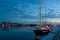 Evening view of the Neva river on a background of yachts