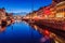 Evening view of Nyhavn district in Copenhagen, Denma