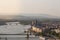 Evening view of Parliament and Pest city. Splendid spring cityscape of Budapest