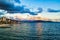 Evening view of Saranda town along the coast, Albania. Beautiful evening sky, sunset. Ionian sea in Southern Albania, tourist