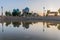 Evening view of a small pond and Dorut Tilavat complex with Kok Gumbaz mosque in Shahrisabz, Uzbekist