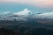 Evening view to the snowy mountain peaks