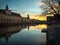 Evening view of the Wroclaw University, city center and the river Odra. Wroclaw, Poland. Historic center of the old city Wroclaw