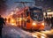 Evening winter scene in snowy city afetr heavy snowfall. Snow-covered Tram Moving Through City Streets