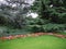 An evenly cut green lawn under the trees framed by a number of red begonias