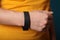 Event bracelet blank, black paper concert ticket mockup. Wristband activity accessory. Branding wristlet with sticker
