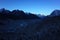 Everest base camp trek along Khumbu glacier, First sun is touching Himalayas mountains, Nepal
