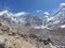 Everest base camp view arriving from trekking in a sunny day