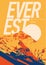 Everest in Himalayas, Nepal, China outdoor adventure poster. Chomolungma mountain at sunset illustration.