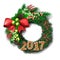 Evergreen holiday wreath with gingerbread number of 2017 year