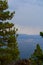 Evergreen Trees in Foreground of Lake and Mountains