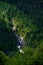 Evergreen trees on wilderness mountainside with small stream and waterfall highlighted by the sun, as a nature background