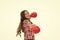 Every female should know defend herself. Girl cheerful training boxing gloves. Child smiling face sport gloves practice