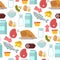 Everyday food common goods organic products seamless pattern background shopping in supermarket vector illustration.