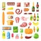 Everyday supermarket food items assortment flat vector illustrations set