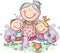 Everyone loves granny, grandmother with grandchilren and pets, colorful vector clipart