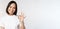 Everything okay. Smiling young asian woman assuring, showing ok sign with satisfied face, standing over white background