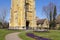 Evesham Abbey and park in the spring sunshine with the lovely flower beds in bloom