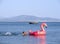 Evia Island, Greece. August 2019: Little baby girl swimming on an inflatable circle in the form of flamingos in the Aegean sea on