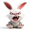 Evil angry predatory white rabbit, funny cute cartoon 3d illustration on white background
