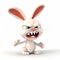 Evil angry predatory white rabbit, funny cute cartoon 3d illustration on white background,