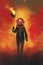 Evil clown standing with a balloon on fire background