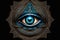 evil eye on a black background, with the eye's pupil in the shape of a pentagram