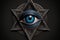 evil eye on a black background, with the eye's pupil in the shape of a pentagram