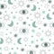 Evil eye celestial seamless pattern with stars, moon and sun. Blue colors universe surface design