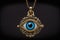 evil eye charm, hanging from delicate chain