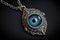 evil eye necklace, with the evil eye charm dangling on silver chain