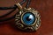 evil eye pendant on leather cord, worn as necklace