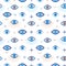 Evil eye seamless pattern. Magic talisman and occult symbol. Greek ethnic blue, white and golden third eyes. Flat vector