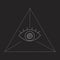 A evil eye and triangle with white outline dotted as occultism and mysticism, a linear  stock illustration isolated on black