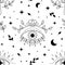 Evil eyes seamless pattern. Line art various talismans and floral elements, protection. Flat design monochrome design