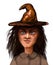 Evil hand drawn witch. portrait of a cartoon caricature witch in a big hat, with black hair and an evil face