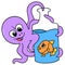 The evil octopus is in the mood to eat the small fish in the bottle, doodle icon image kawaii