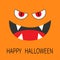 Evil Red eyes. Smiling wicked mouth with fangs tooth, tongue. Angry cartoon character head face. Happy Halloween. Greeting card. F