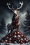 Evil sinister christmas Reindeer horror, spooky, terror above a pile of corpses