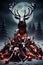 Evil sinister christmas Reindeer horror, spooky, terror above a pile of corpses