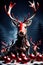 Evil sinister christmas Reindeer horror, spooky, terror above a pile of corpses